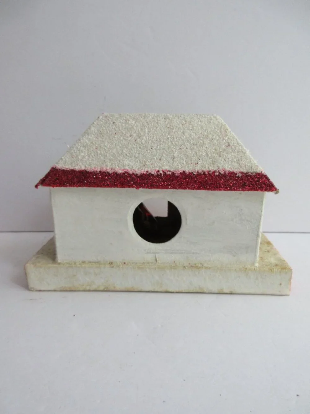 3 Putz Japan Cardboard Christmas Village Red Houses Church, Bottle Brush Trees